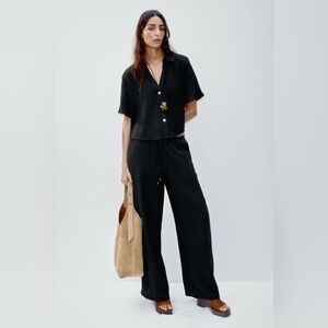 Zara Linen Wide Leg Trouser Pant Black Vacation Lightweight Medium
